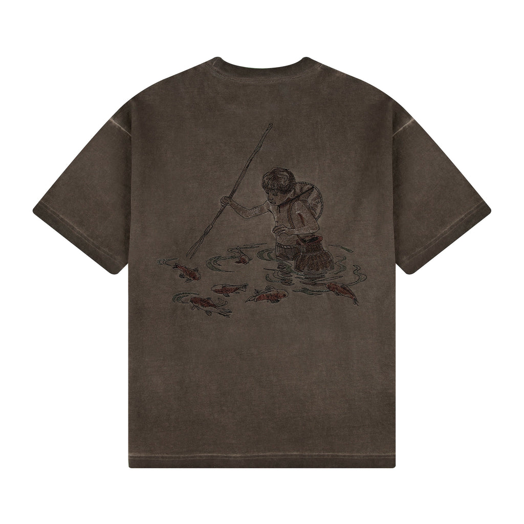 "lotus" T shirt oil washed brown